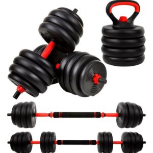 Kit Halteres 6 Em 1 Peso Musculação Até 40kg Ajustável Halter, Kettlebell, Anilha Cor Preto-Vermelho