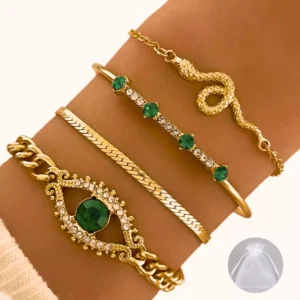 Conjunto 4 Peças Pulseira Feminina Dourada Olho Verde