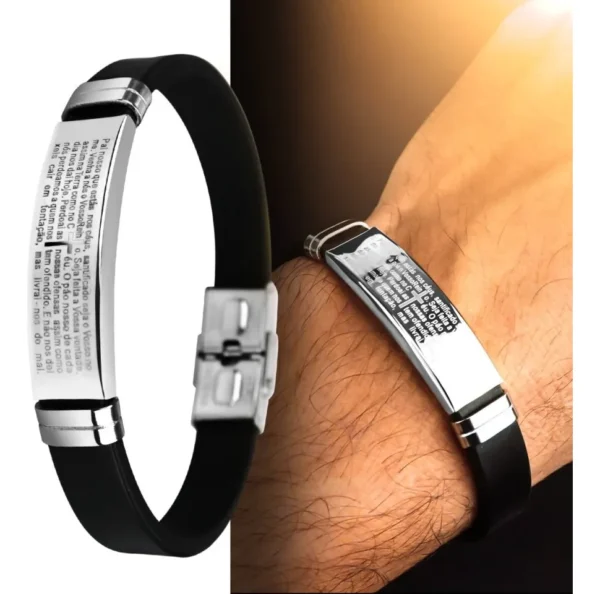 Pulseira Masculina Jesus Oraçao Aço Inox Prata Silicone Comprimento 21 Cm Cor Prata Pai Nosso