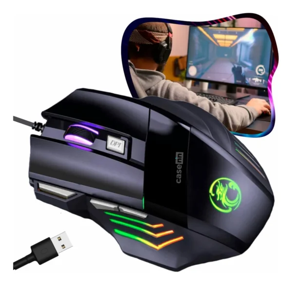 Mouse Gamer Para Jogo 3.200 Dpi Óptico Com Led Rgb Usb 7 Botões 4 Velocidades Dpi Ergométrico Para Pc Desktop Notebook Casenn Preto