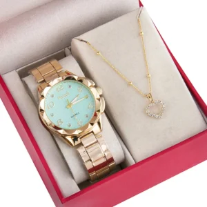 Relógio Feminino Original + Corrente Folheada A Ouro 18k
