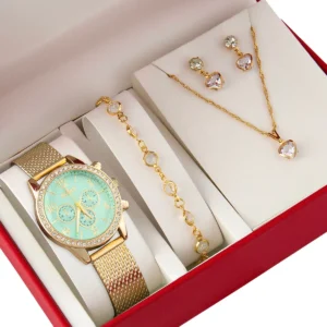 Relógio Feminino+ Kit Colar Brincos Pulseira Folheado A Ouro